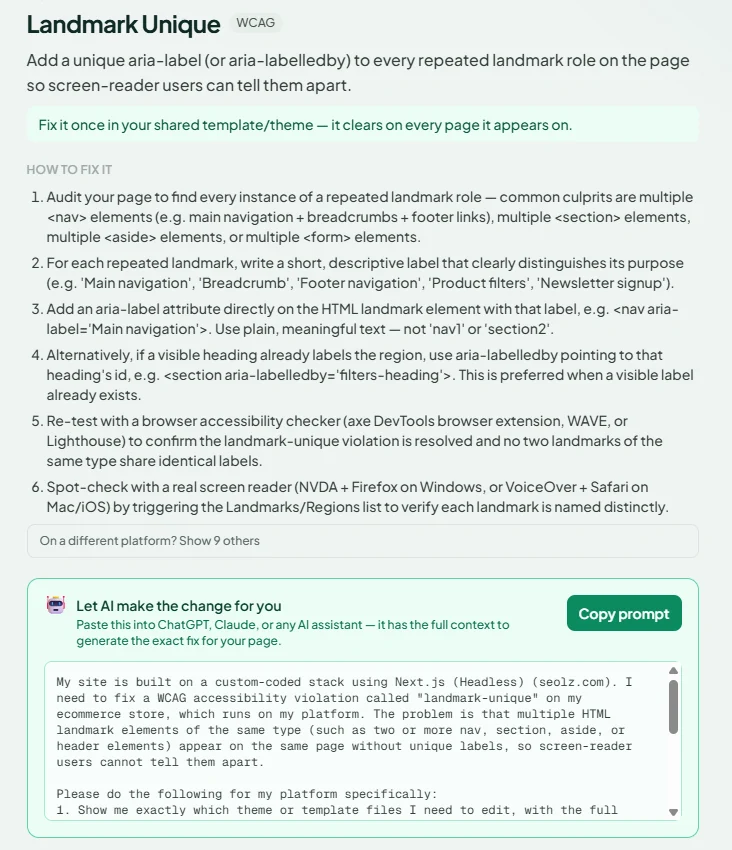 A guided fix with a one-click 'Copy prompt' for AI