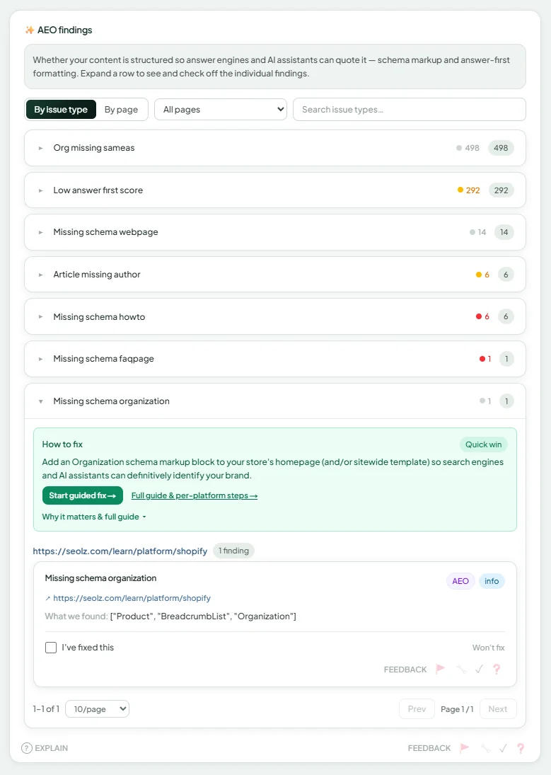 SEOLZ AEO — Answer Engine Optimization findings shown in the dashboard