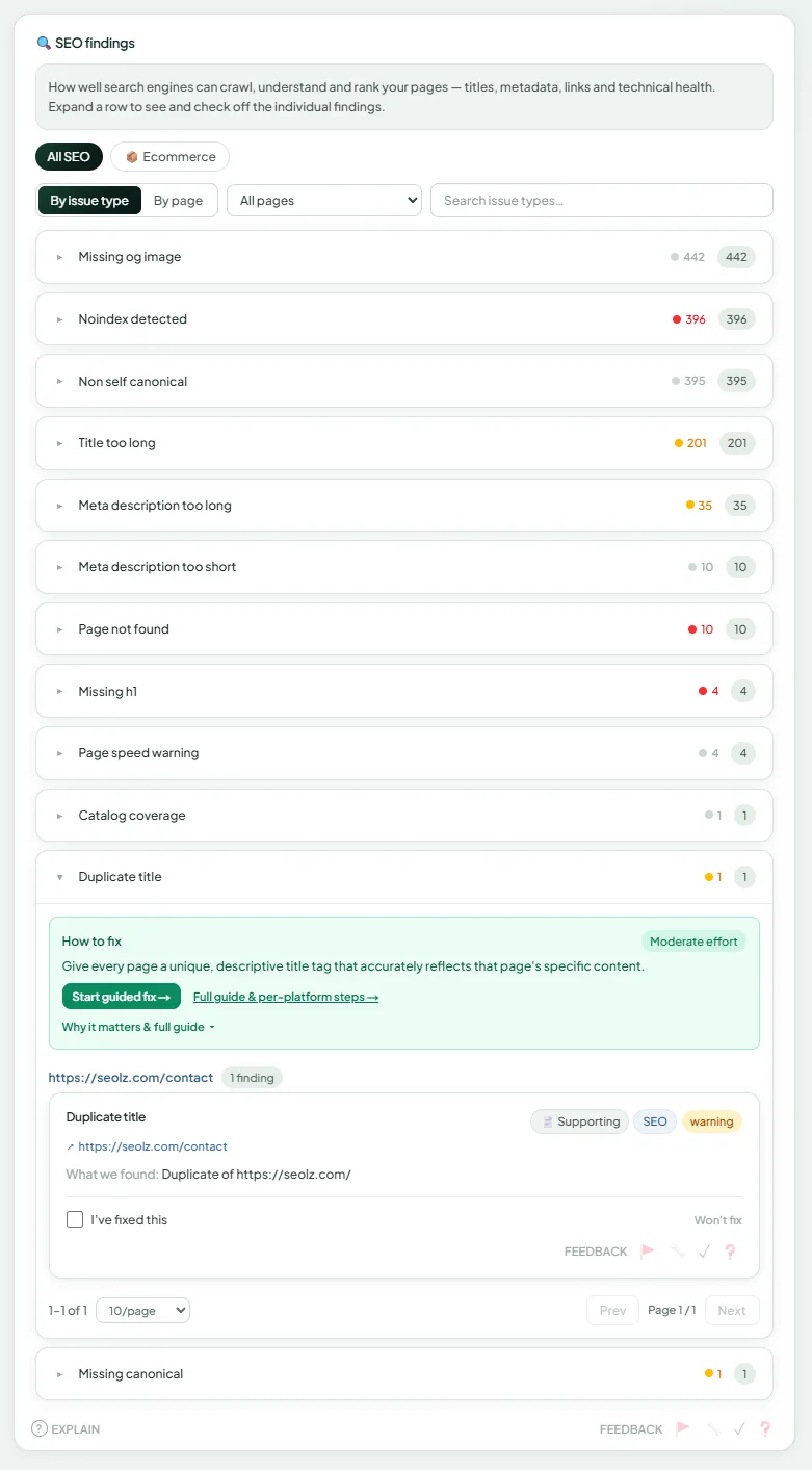 SEOLZ SEO crawl findings shown in the dashboard