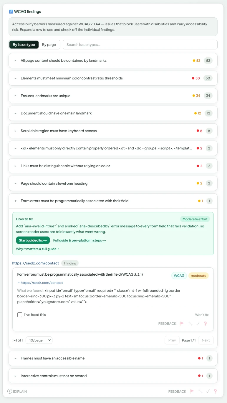 SEOLZ WCAG — Accessibility findings shown in the dashboard