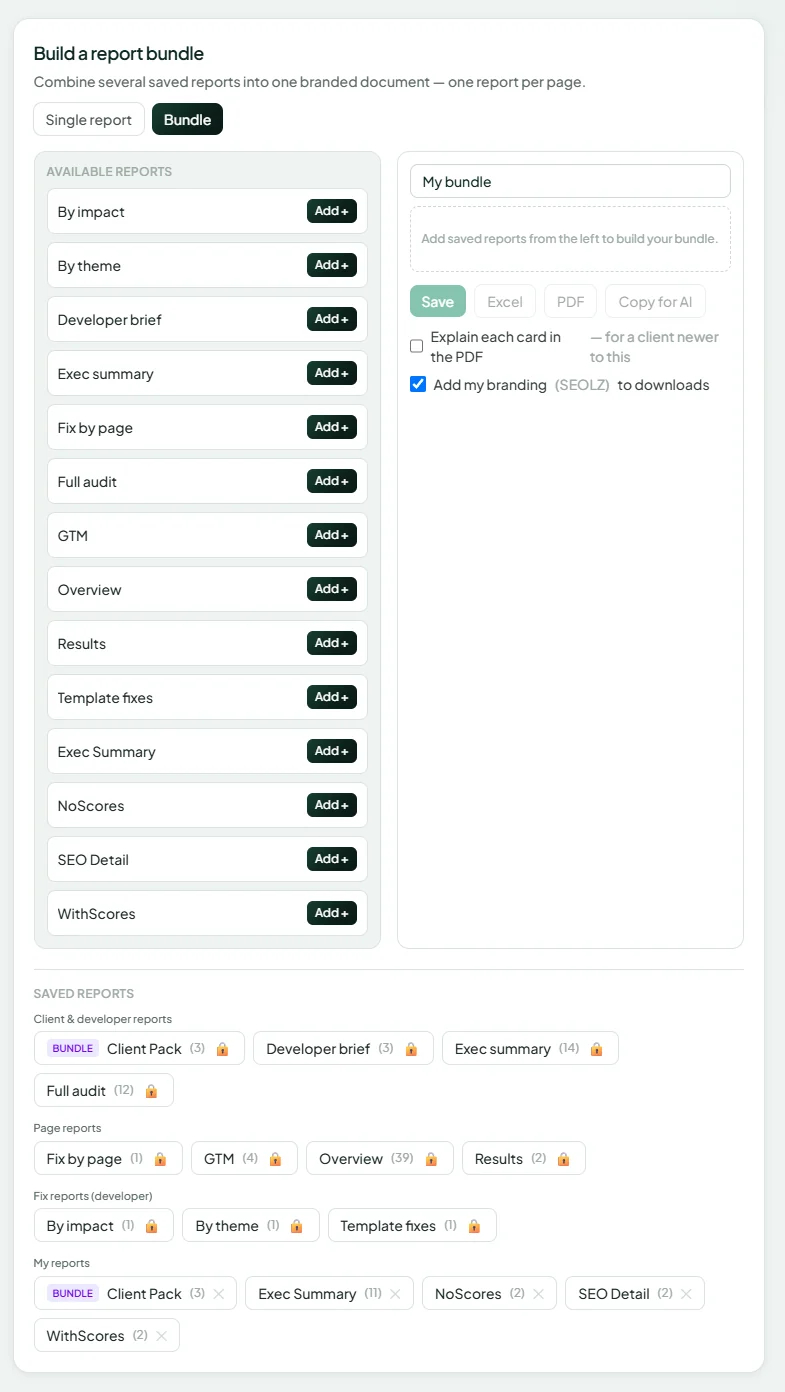 Drag-and-drop report builder with branded interactive HTML, PDF and Markdown export