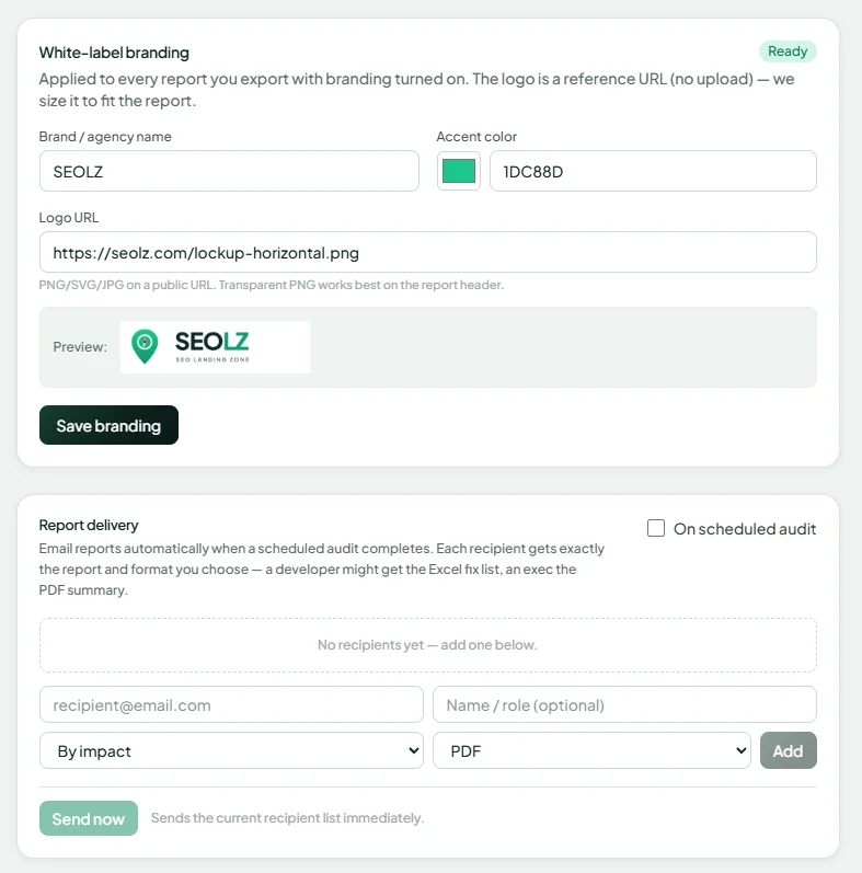Per-client settings — brand name, site type, and citation targets